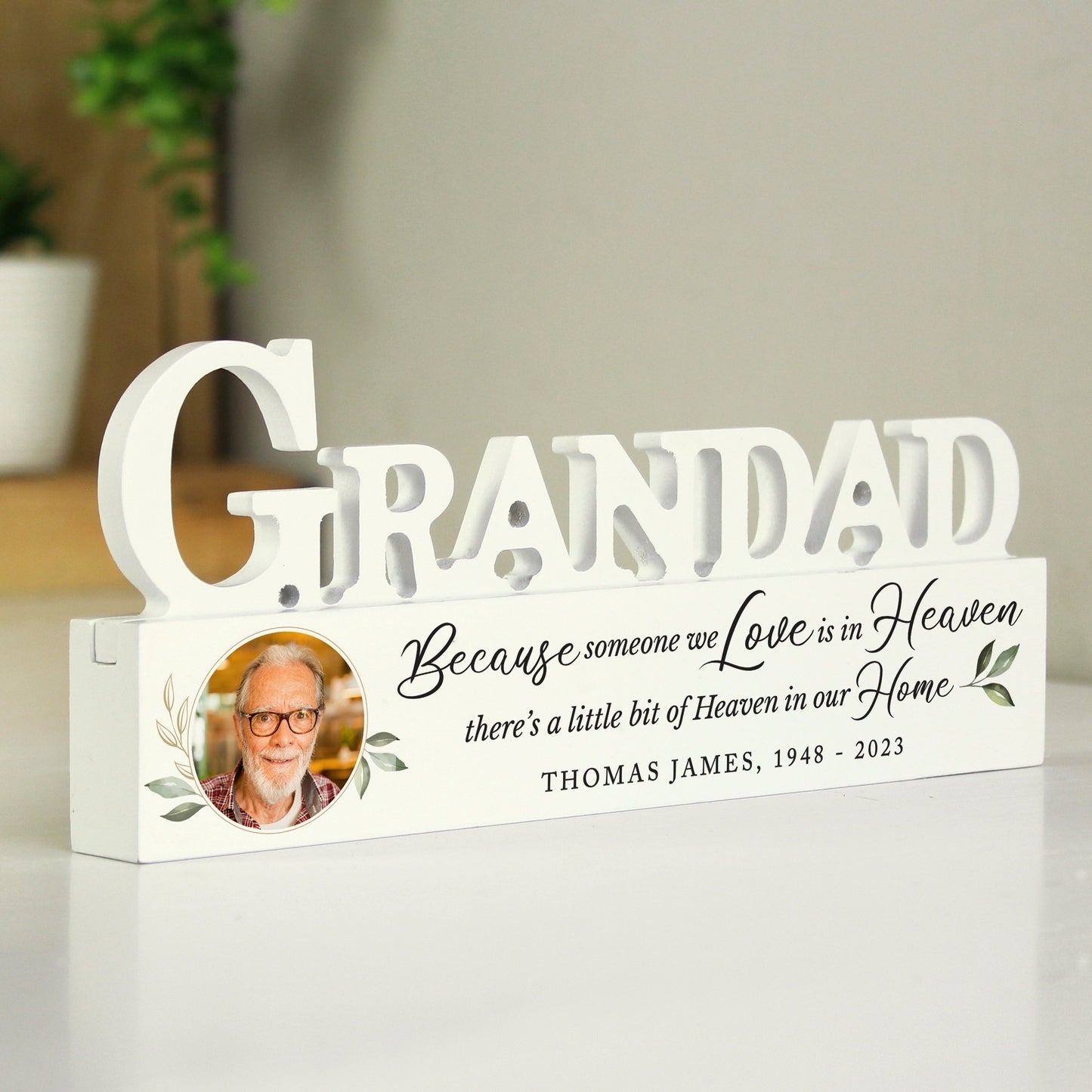 Personalised Botanical Memorial Photo Upload Wooden Grandad Ornament: 1 - Ornaments By Gift Moments