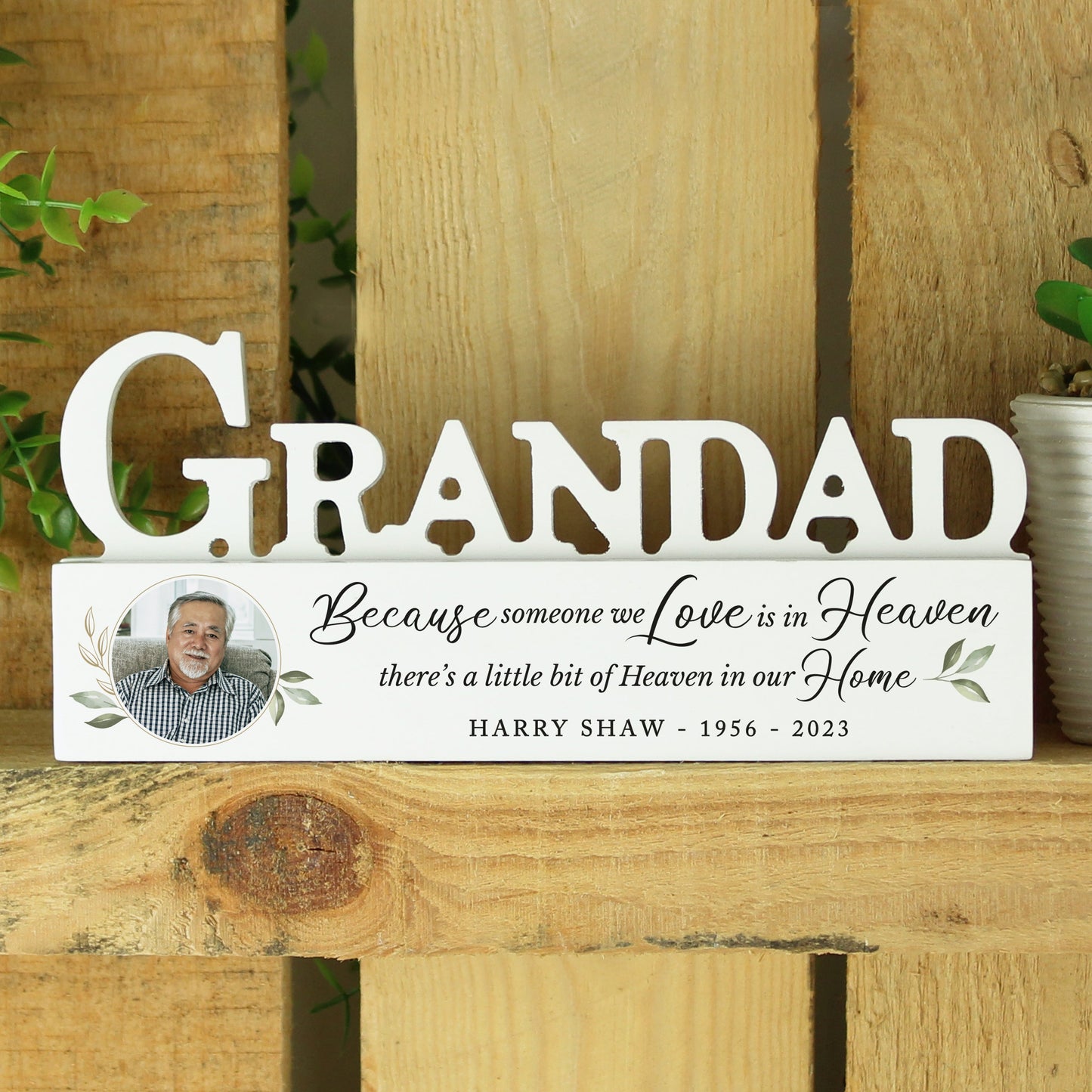 Personalised Botanical Memorial Photo Upload Wooden Grandad Ornament: 3 - Ornaments By Gift Moments
