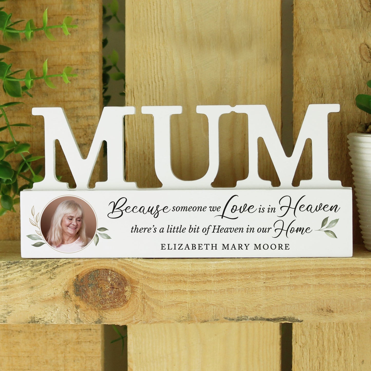 Personalised Botanical Memorial Photo Upload Wooden Mum Ornament: 3 - Ornaments By Gift Moments