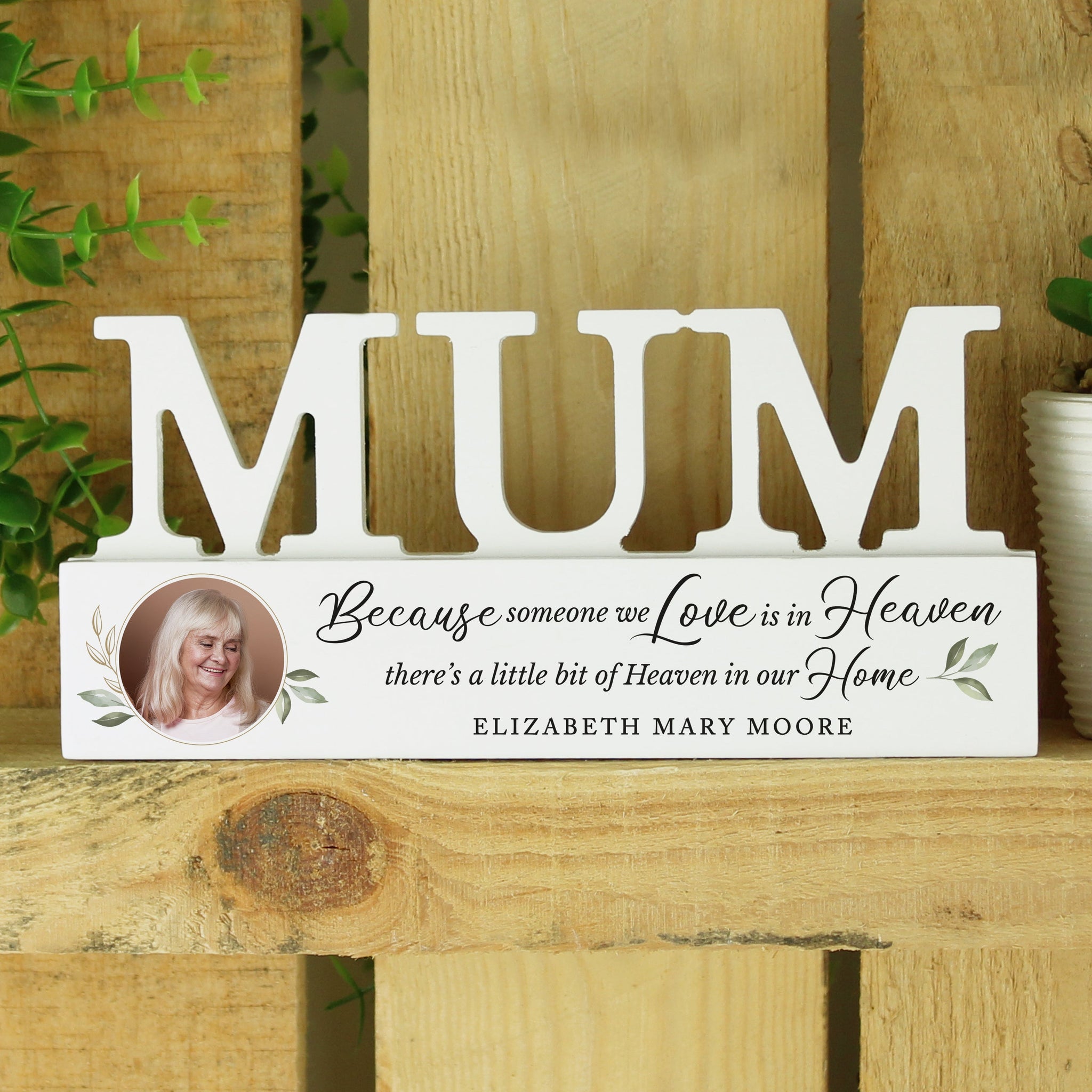 Personalised Botanical Memorial Photo Upload Wooden Mum Ornament: 3 - Ornaments By Gift Moments