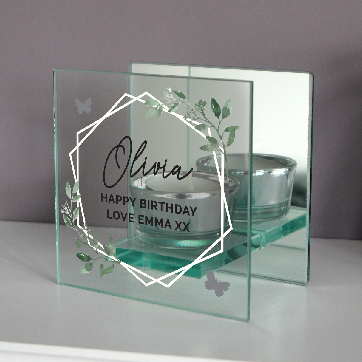 Personalised Botanical Mirrored Glass Tea Light Candle Holder: 4 - Candle Holders By Gift Moments