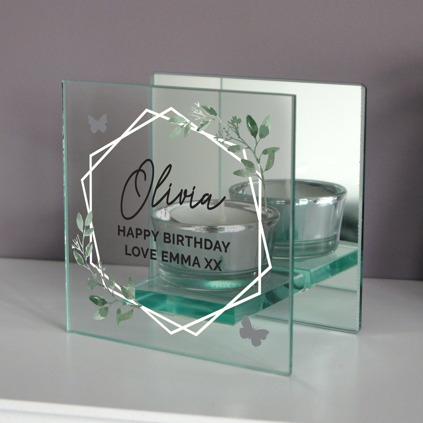 Personalised Botanical Mirrored Glass Tea Light Candle Holder: 4 - Candle Holders By Gift Moments