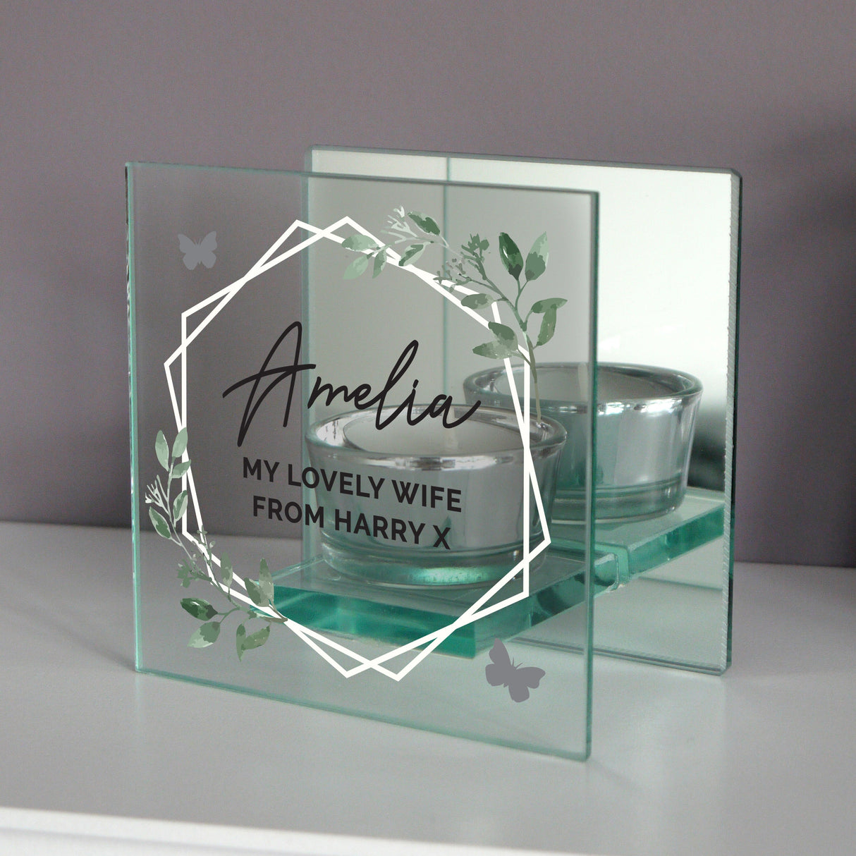 Personalised Botanical Mirrored Glass Tea Light Candle Holder: 2 - Candle Holders By Gift Moments