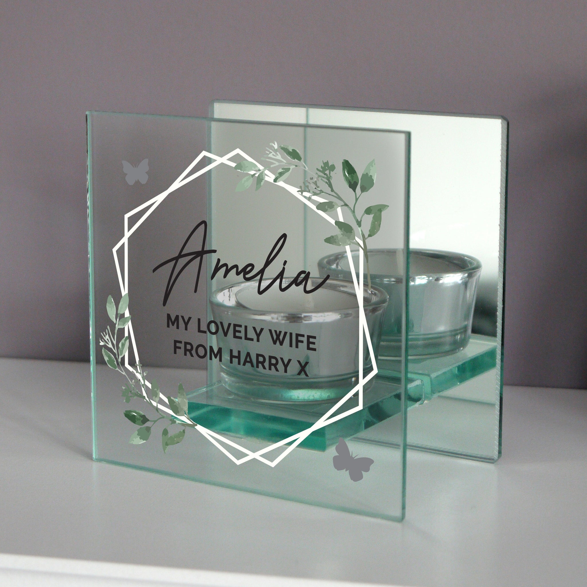 Personalised Botanical Mirrored Glass Tea Light Candle Holder: 2 - Candle Holders By Gift Moments