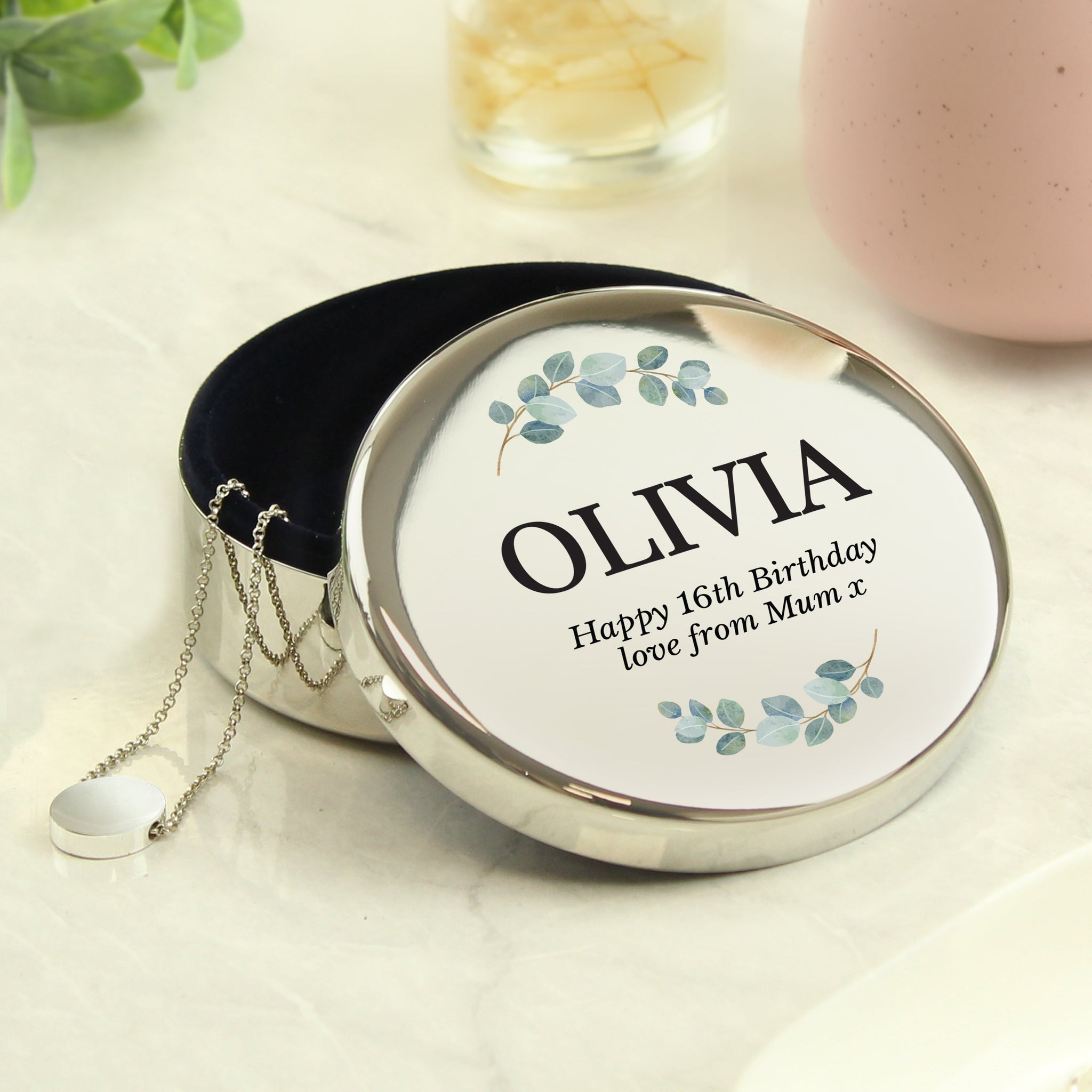Personalised Botanical Round Trinket Box: 1 - Trinket Boxes By Gift Moments