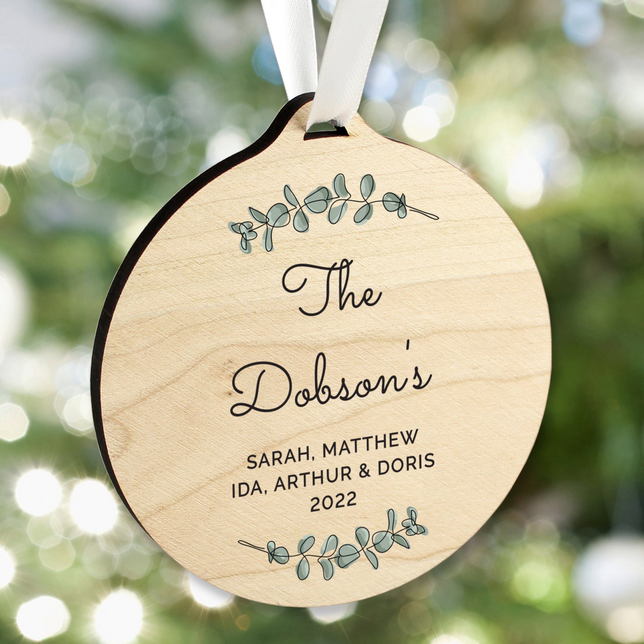 Personalised Botanical Round Wooden Decoration: 6 - Christmas Decorations By Gift Moments