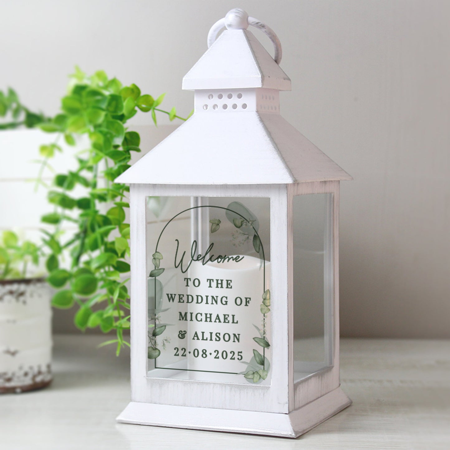 Personalised Botanical Wedding Lantern: 3 - LED Lighting By Gift Moments