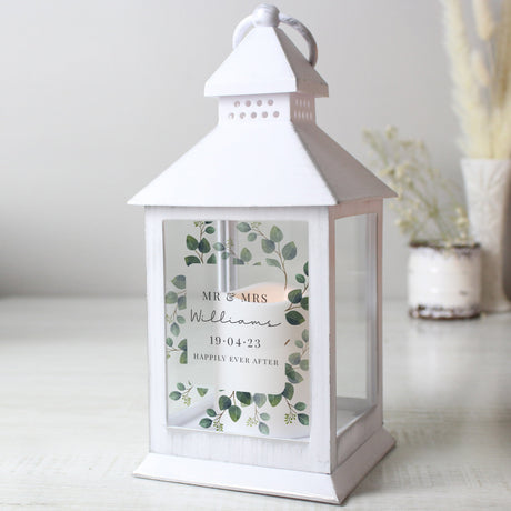 Personalised Botanical White Lantern: 6 - LED Lighting By Gift Moments