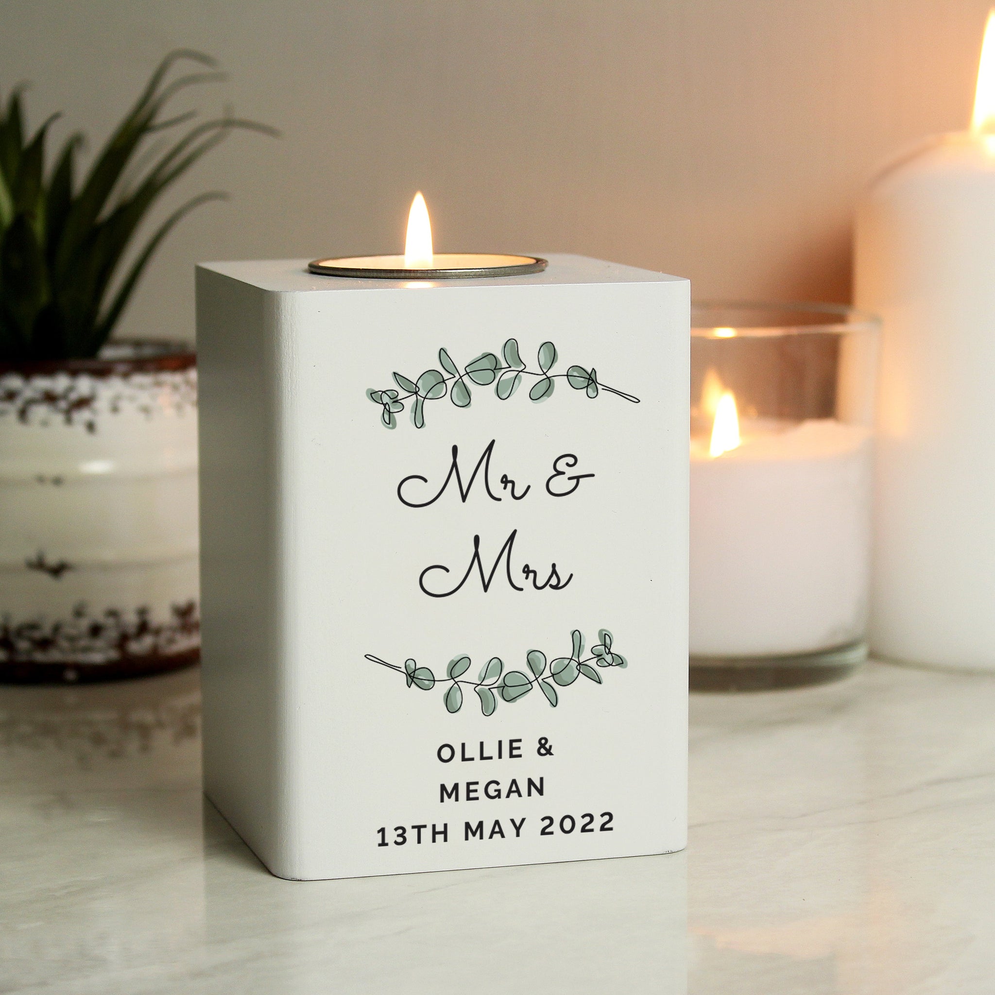 Personalised Botanical White Wooden Tea light Holder: 4 - Candle Holders By Gift Moments