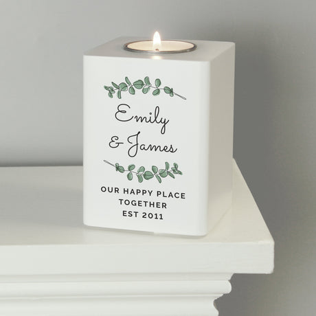 Personalised Botanical White Wooden Tea light Holder: 2 - Candle Holders By Gift Moments