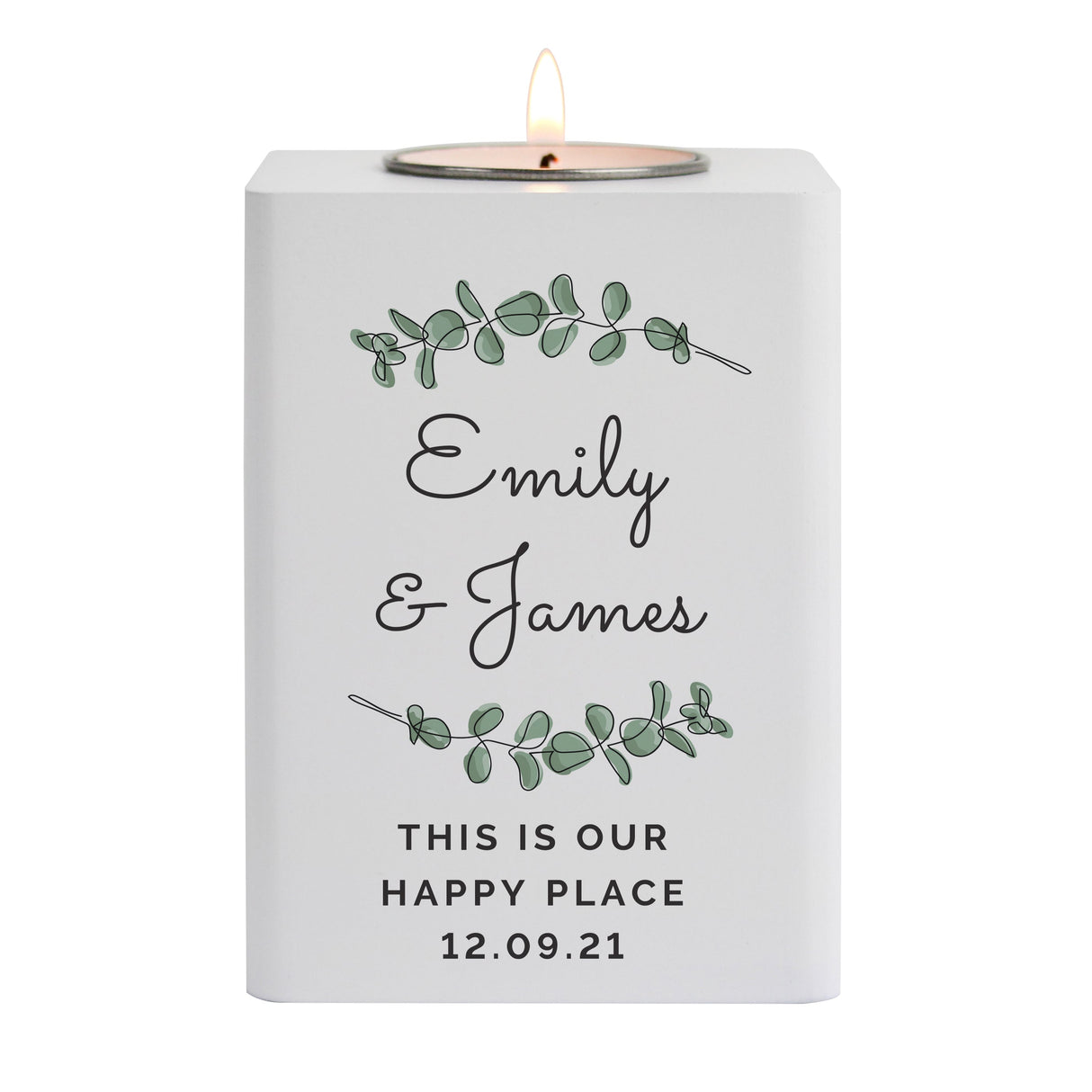 Personalised Botanical White Wooden Tea light Holder: 5 - Candle Holders By Gift Moments