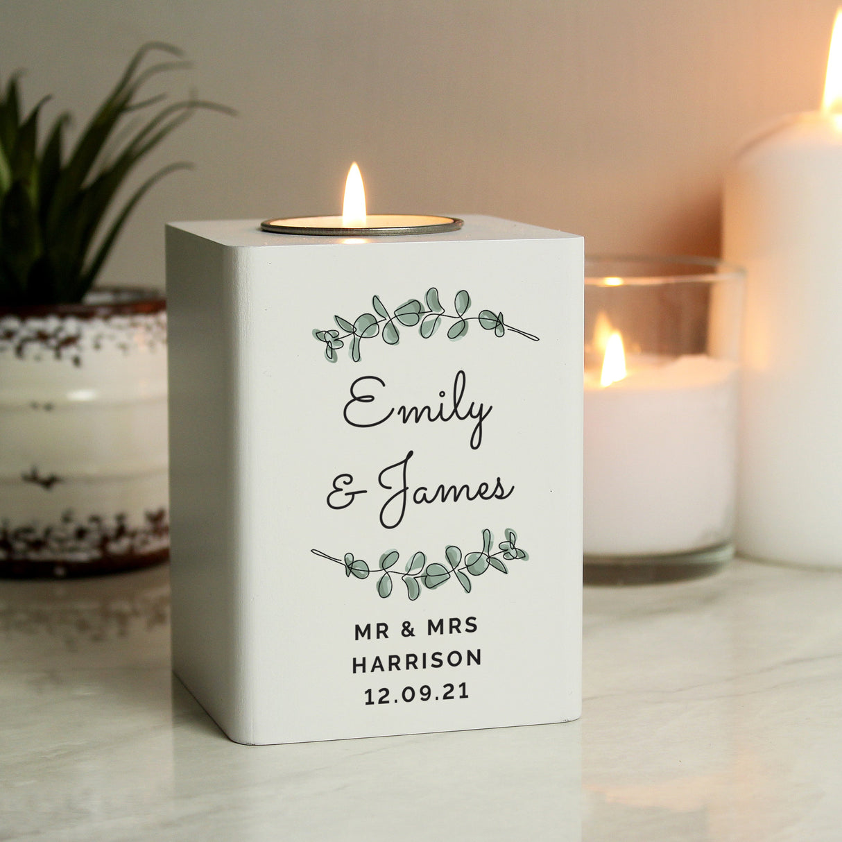 Personalised Botanical White Wooden Tea light Holder: 3 - Candle Holders By Gift Moments