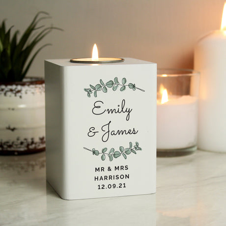 Personalised Botanical White Wooden Tea light Holder: 3 - Candle Holders By Gift Moments