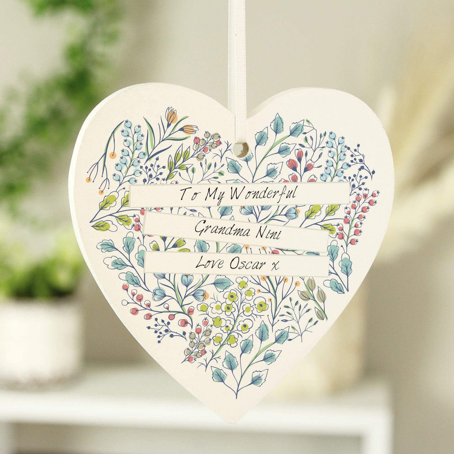 Personalised Botanical Wooden Heart Decoration: 7 - Decorations By Gift Moments
