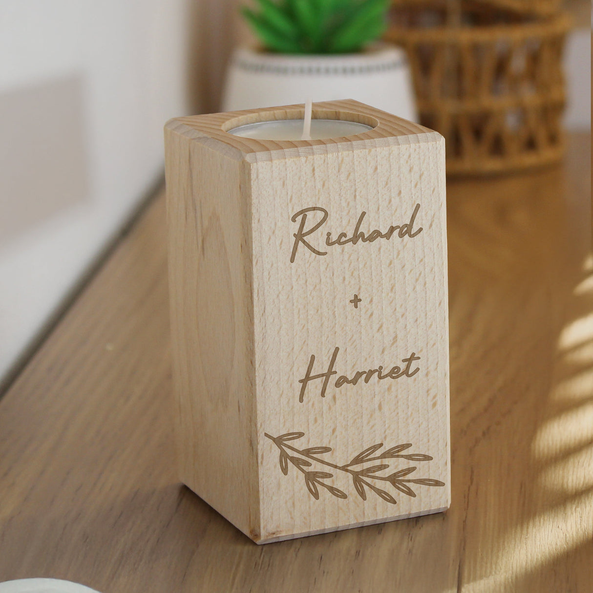 Personalised Botanical Wooden Tealight Holder: 2 - Candle Holders By Gift Moments