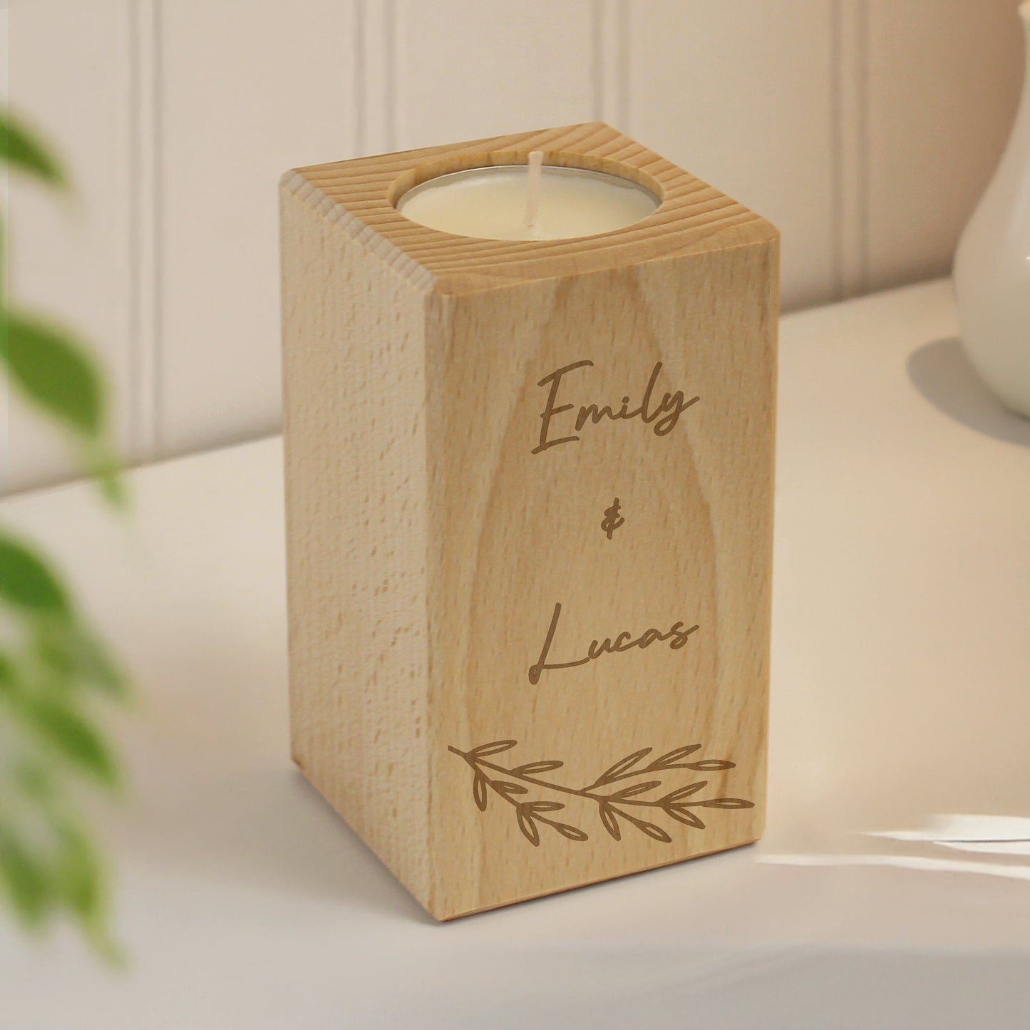 Personalised Botanical Wooden Tealight Holder: 4 - Candle Holders By Gift Moments