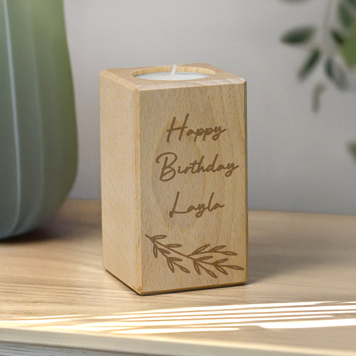 Personalised Botanical Wooden Tealight Holder: 1 - Candle Holders By Gift Moments