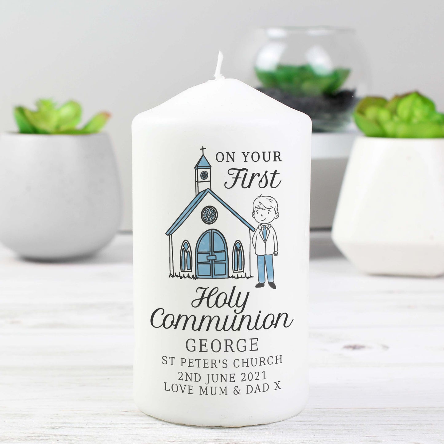 Personalised Boys First Holy Communion Pillar Candle: 2 - Candles By Gift Moments