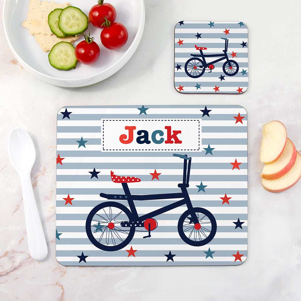 Personalised Boy’s Placemat & Coaster Sets: 7 - Bicycle - Placemats By Gift Moments