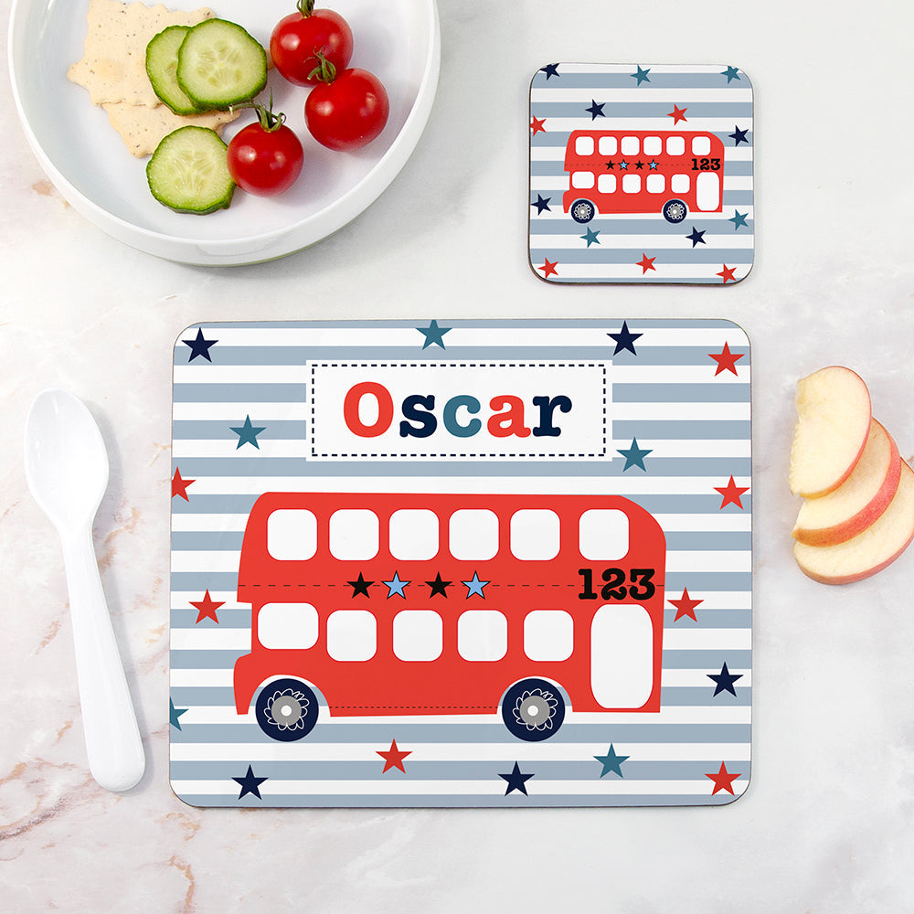 Personalised Boy’s Placemat & Coaster Sets: 1 - Bus - Placemats By Gift Moments