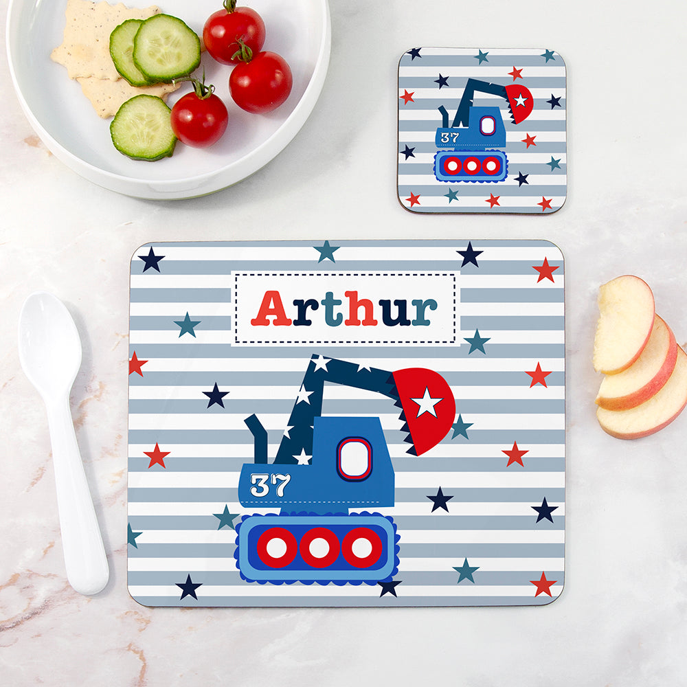 Personalised Boy’s Placemat & Coaster Sets: 6 - Digger - Placemats By Gift Moments