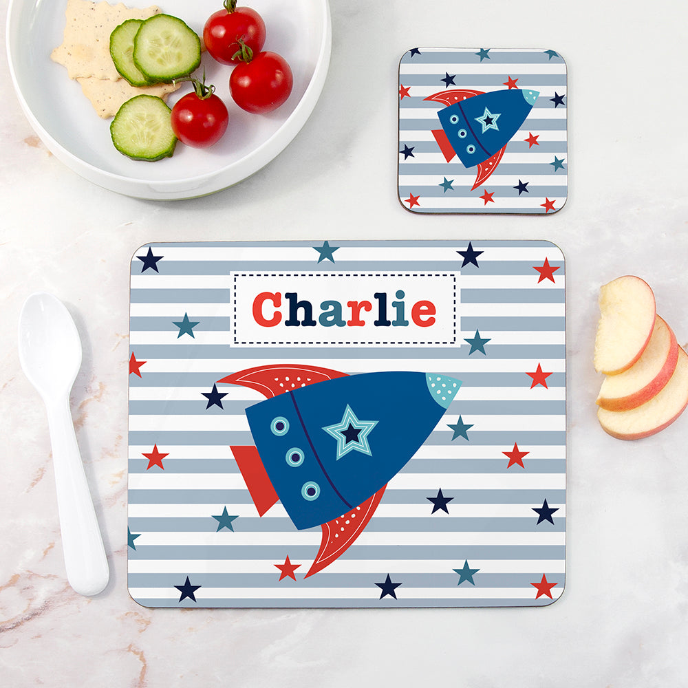 Personalised Boy’s Placemat & Coaster Sets: 2 - Rocket - Placemats By Gift Moments