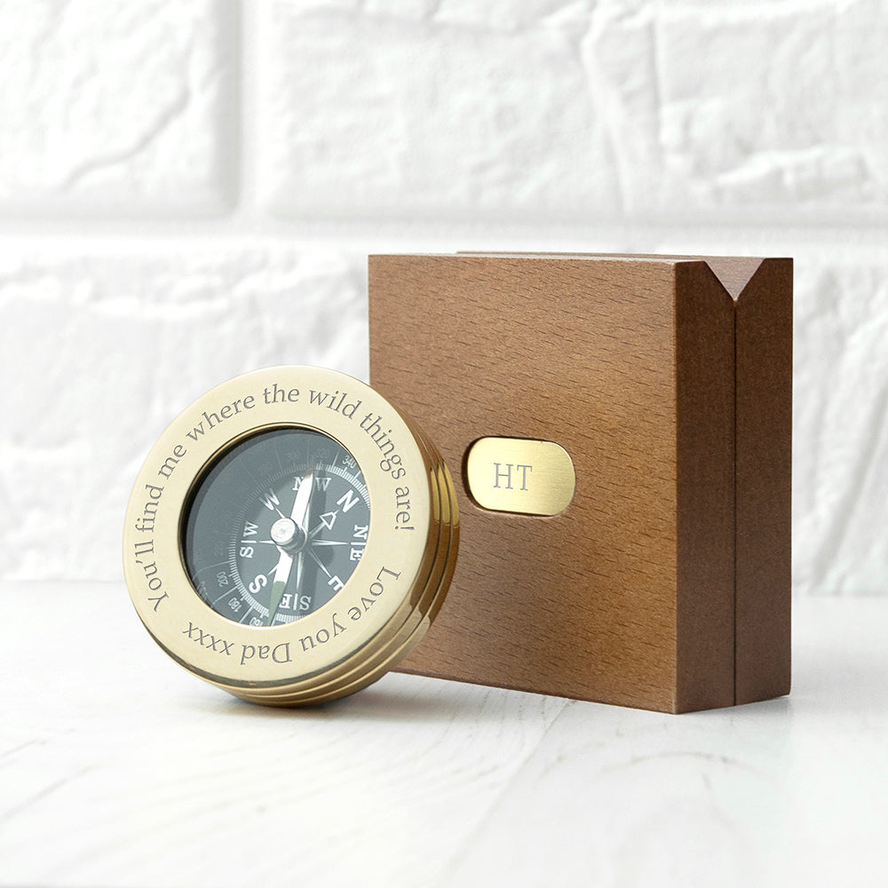 Personalised Brass Travellers Compass with Wooden Box: 1 - Compasses By Gift Moments