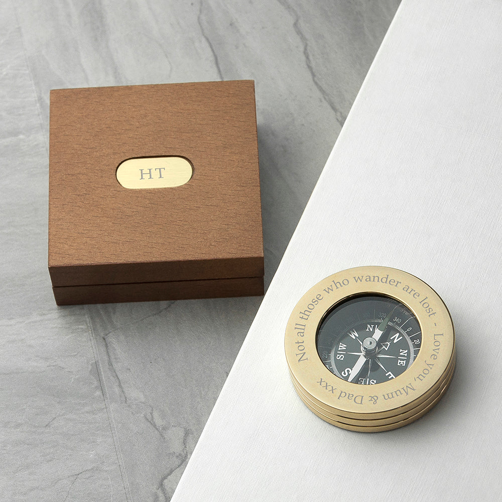 Personalised Brass Travellers Compass with Wooden Box: 7 - Compasses By Gift Moments