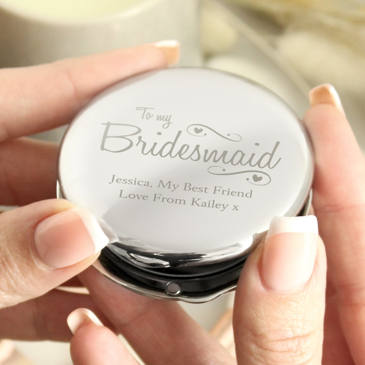 Personalised Bridesmaid Swirls & Hearts Compact Mirror: 2 - Compact Mirrors By Gift Moments