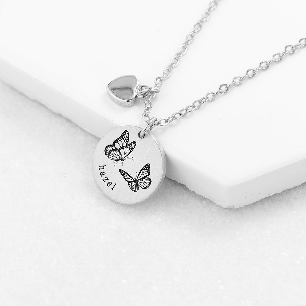 Personalised Butterfly Dance Matte Heart & Disc Necklaces: 1 - Silver - Necklaces By Gift Moments