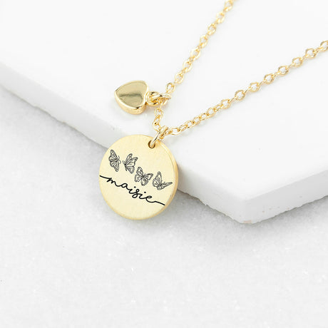 Personalised Butterfly Row Matte Heart & Disc Necklaces: 2 - Gold - Necklaces By Gift Moments