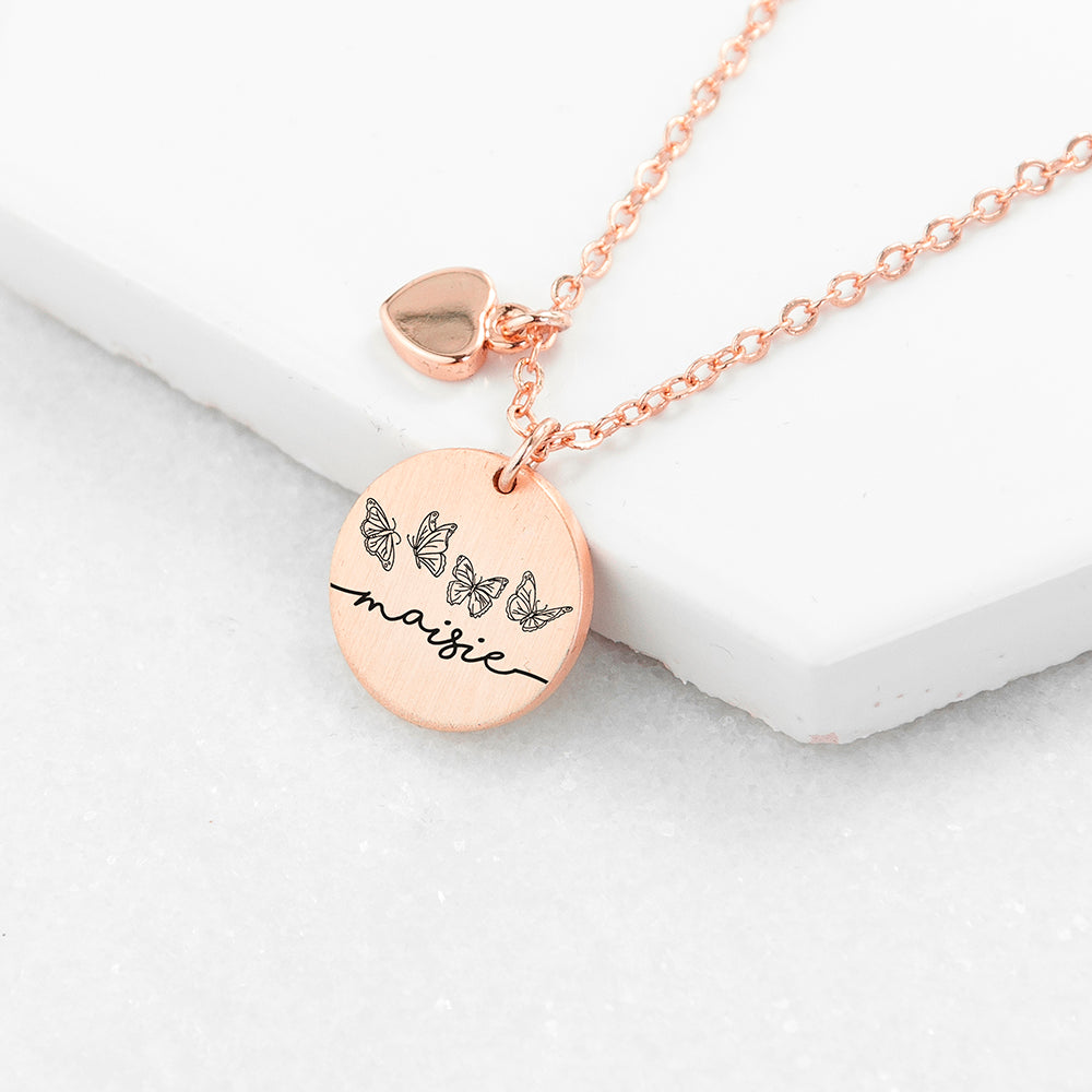 Personalised Butterfly Row Matte Heart & Disc Necklaces: 3 - Rose Gold - Necklaces By Gift Moments