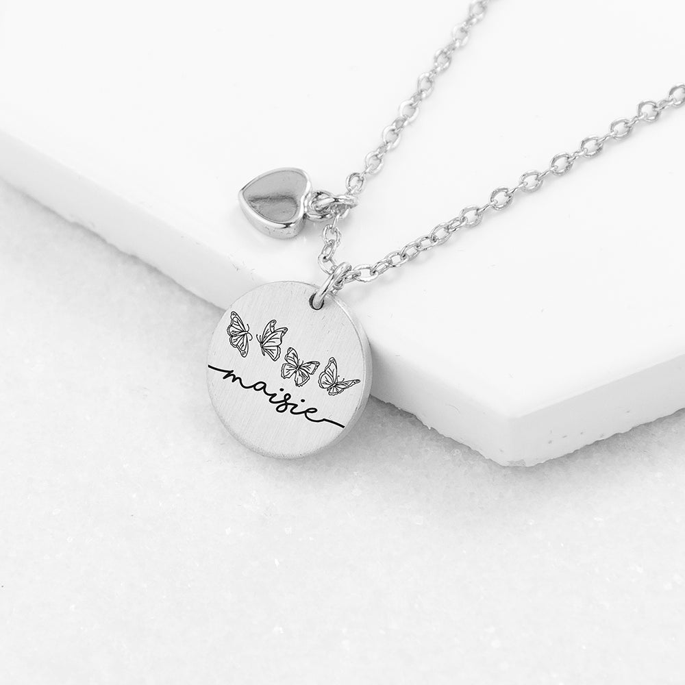 Personalised Butterfly Row Matte Heart & Disc Necklaces: 1 - Silver - Necklaces By Gift Moments