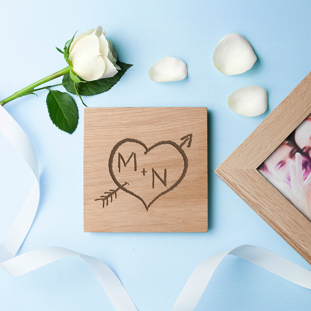 Personalised Carved Heart Oak Photo Cube: 2 Photo Cubes By Gift Moments