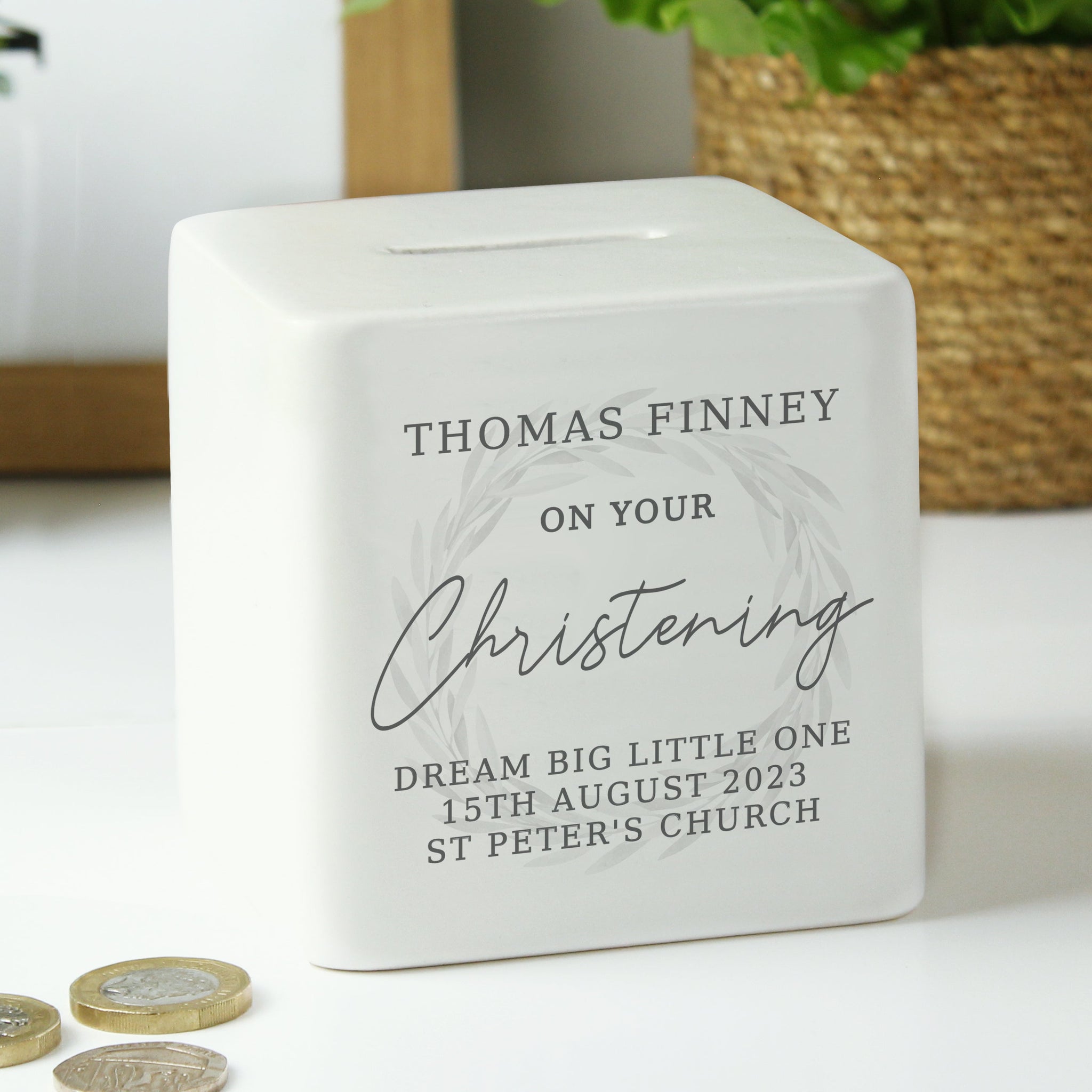 Personalised Christening Ceramic Square Money Box: 2 - Money Boxes By Gift Moments