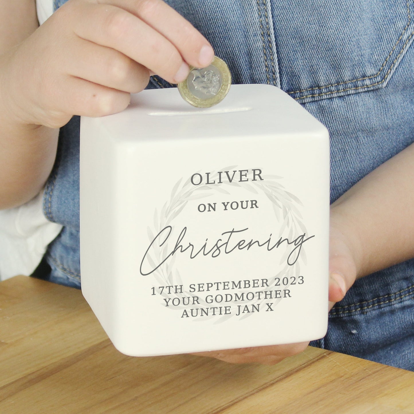 Personalised Christening Ceramic Square Money Box: 3 - Money Boxes By Gift Moments