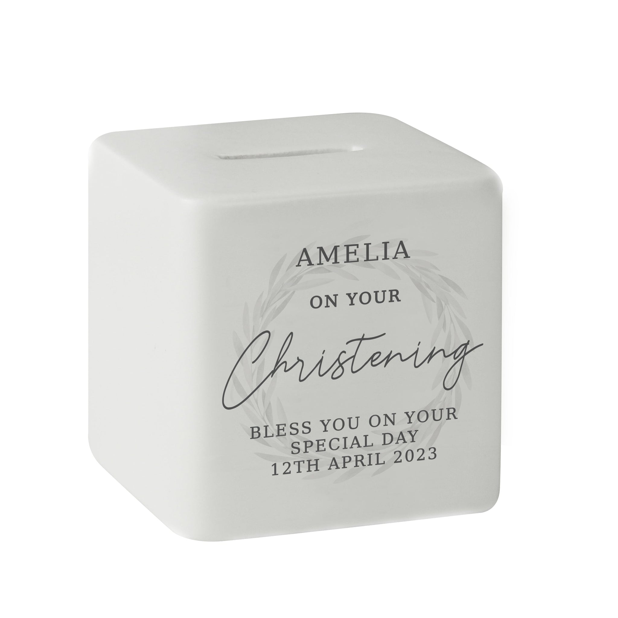Personalised Christening Ceramic Square Money Box: 6 - Money Boxes By Gift Moments