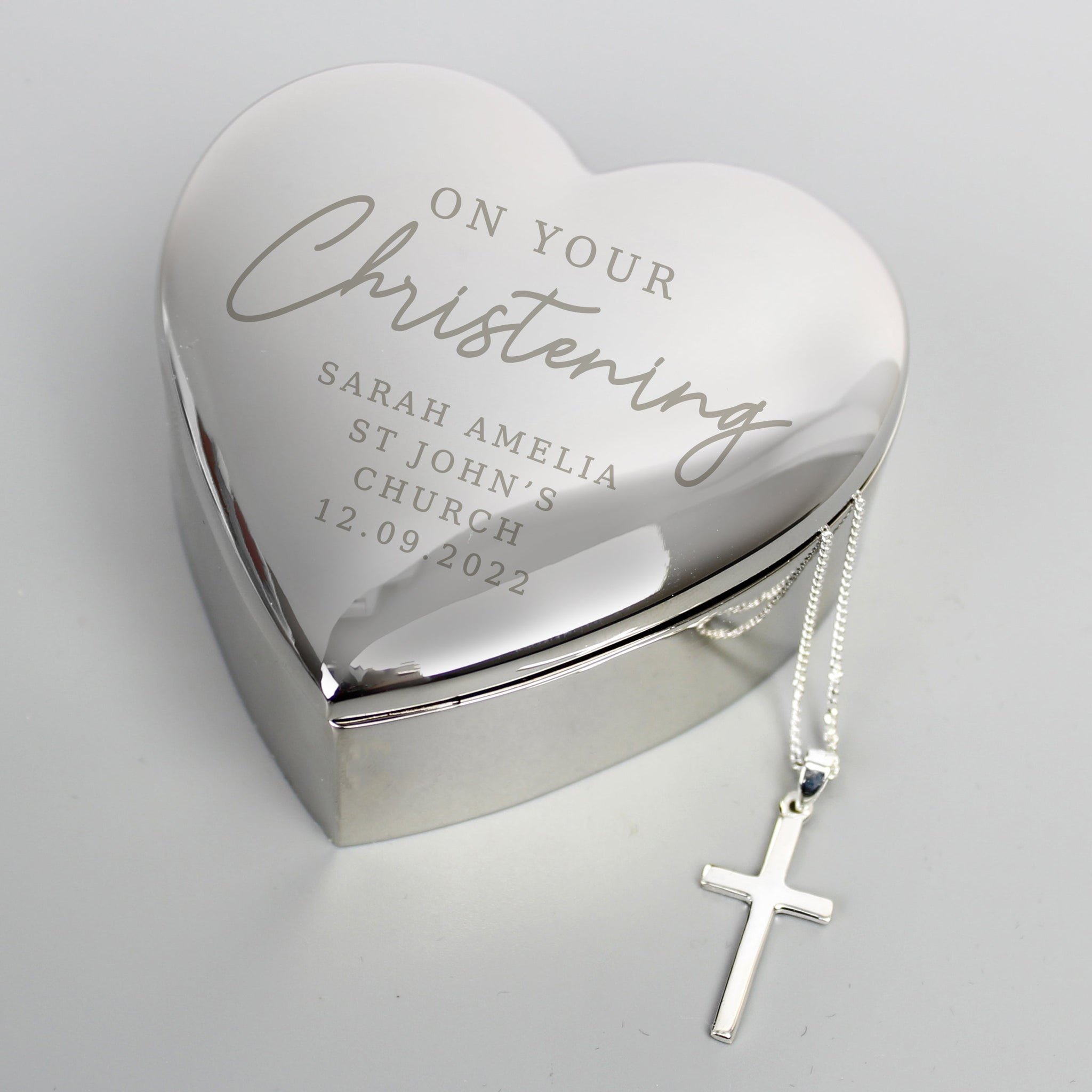 Personalised Christening Heart Trinket Box & Cross Necklace Set: 1 - Necklaces By Gift Moments