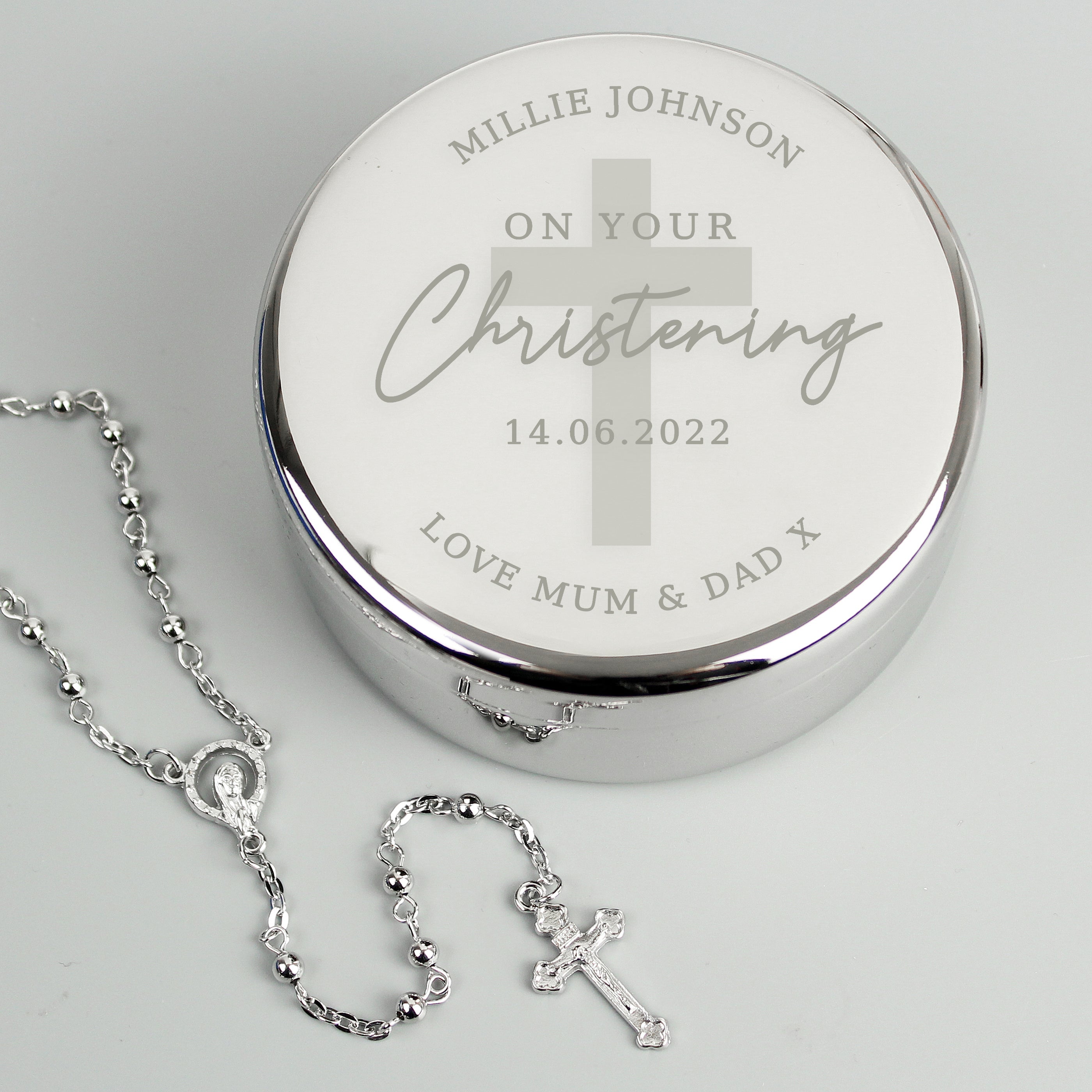 Personalised Christening Round Trinket Box & Rosary Beads Set - Shop Trinket Boxes At Gift Moments - 1