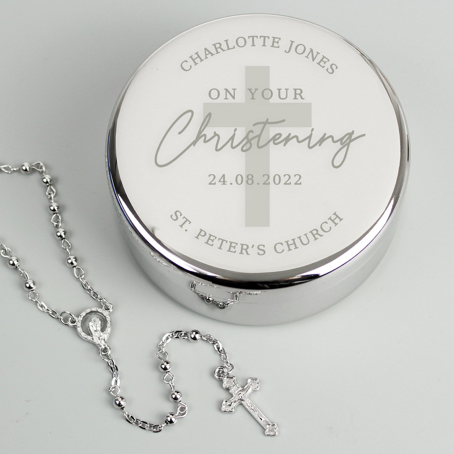 Personalised Christening Round Trinket Box & Rosary Beads Set: 2 - Trinket Boxes By Gift Moments