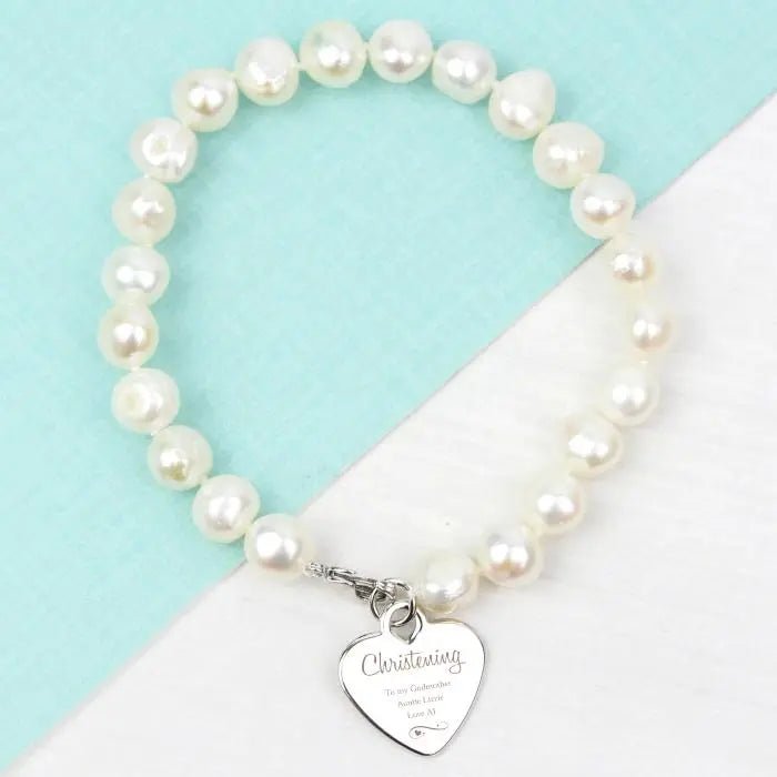Personalised Christening Swirls & Hearts White Freshwater Pearl Bracelet: 4 - Bracelets By Gift Moments