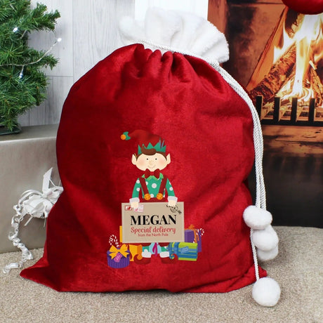 Personalised Christmas Elf Luxury Pom Pom Red Sack: 1 - Christmas Sacks By Gift Moments