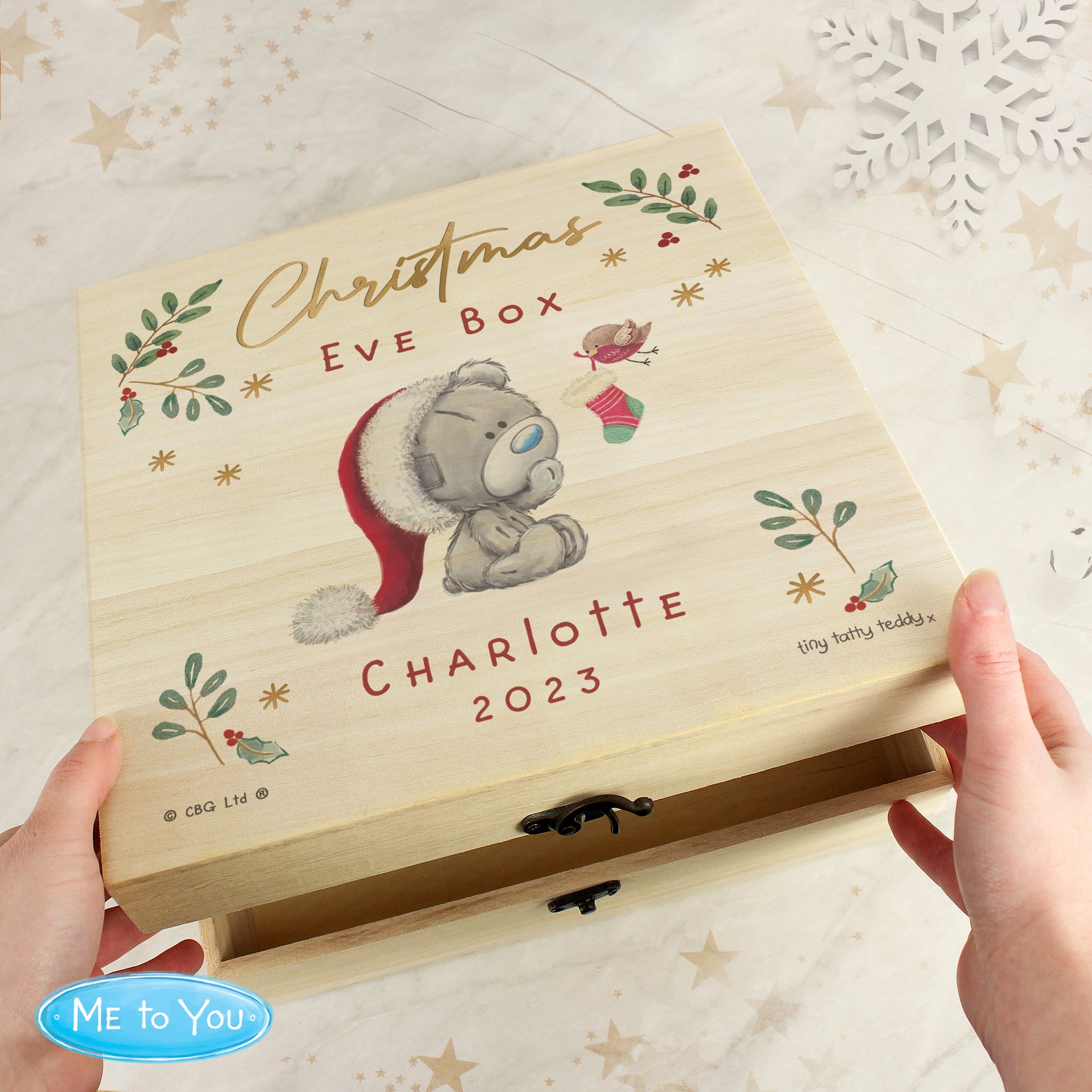 Personalised Christmas Eve Tiny Tatty Teddy Wooden Keepsake Box: 3 - Keepsake Boxes
