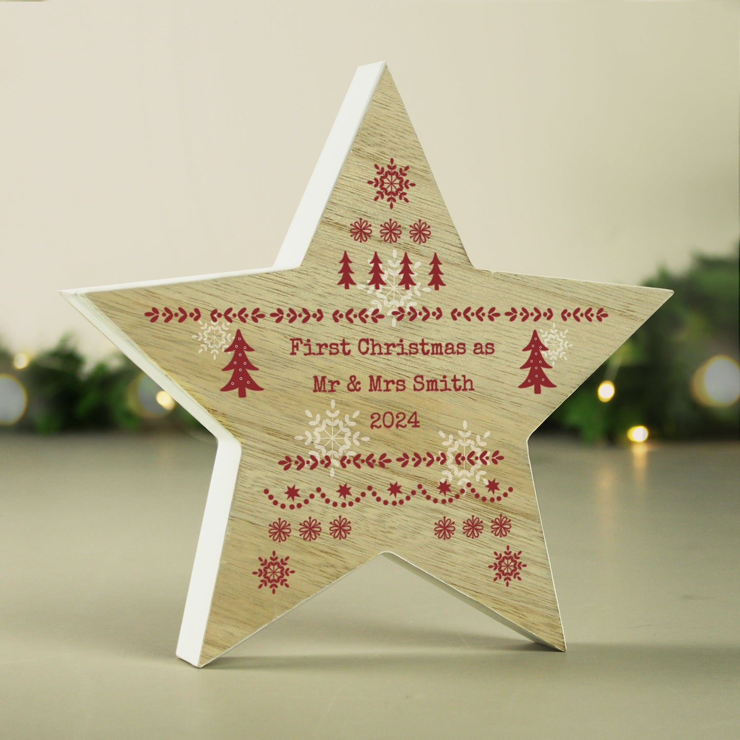 Personalised Christmas Fair Isle Wooden Star Ornament: 4 - Christmas Decorations By Gift Moments