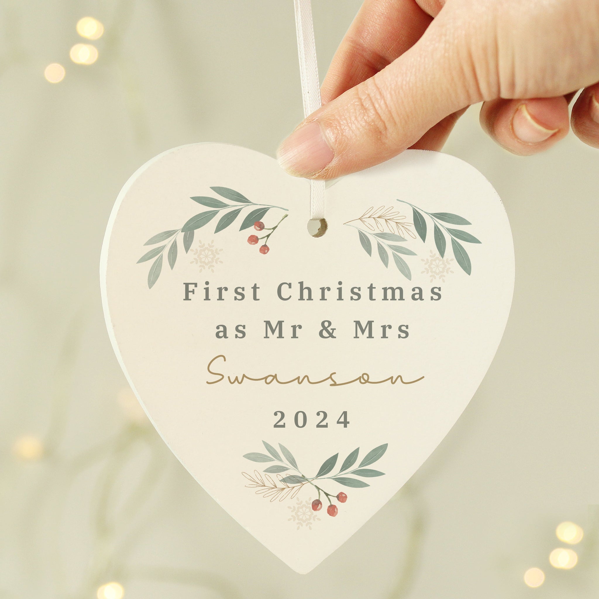 Personalised Christmas Foliage Hanging Heart Decoration: 1 - Christmas Decorations By Gift Moments