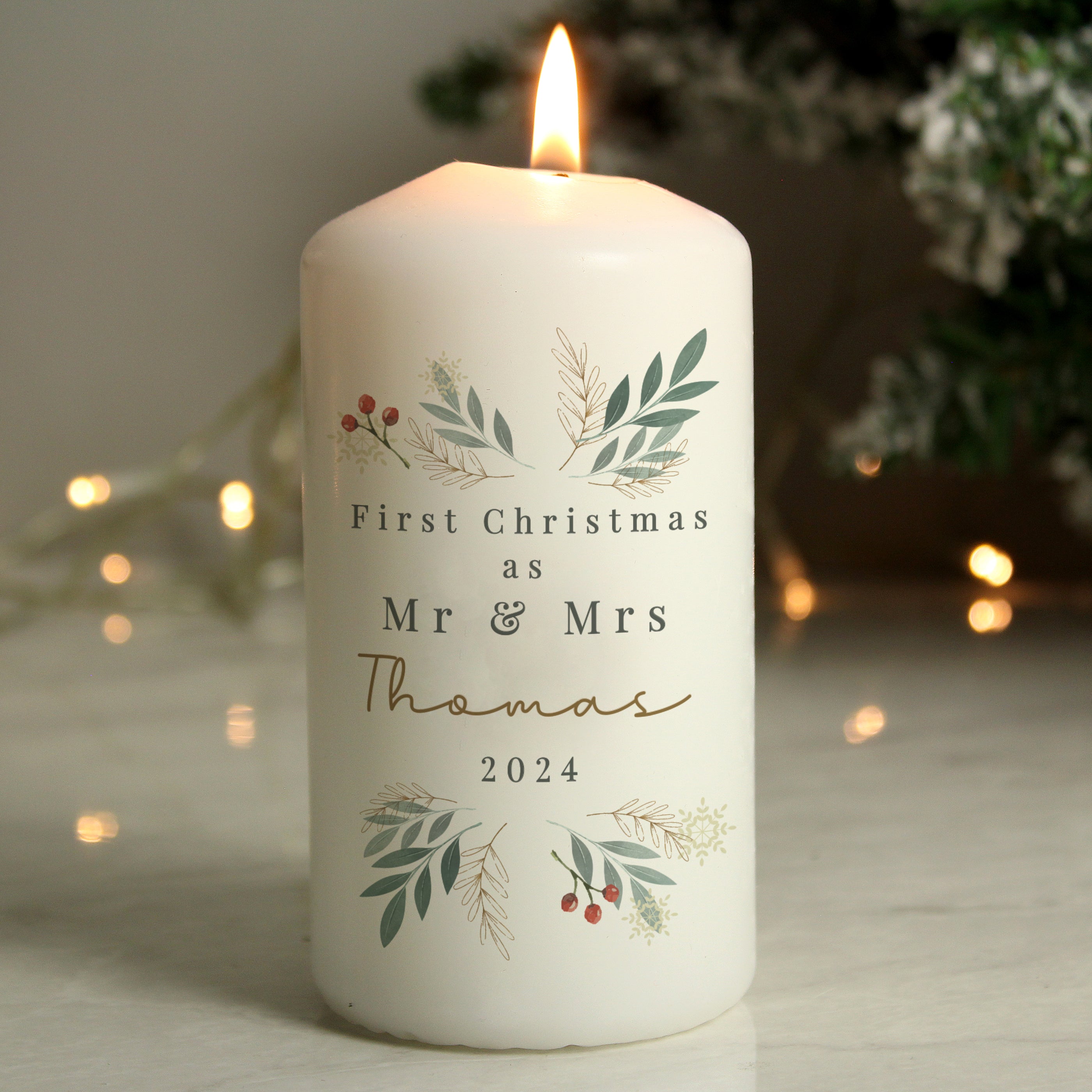 Personalised Christmas Foliage Pillar Candle - Shop Candles At Gift Moments - 2