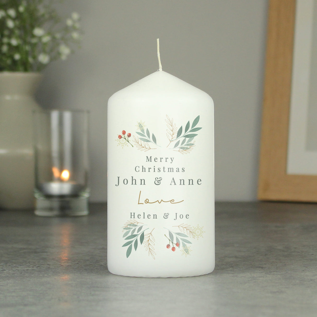 Personalised Christmas Foliage Pillar Candle: 3 - Candles By Gift Moments