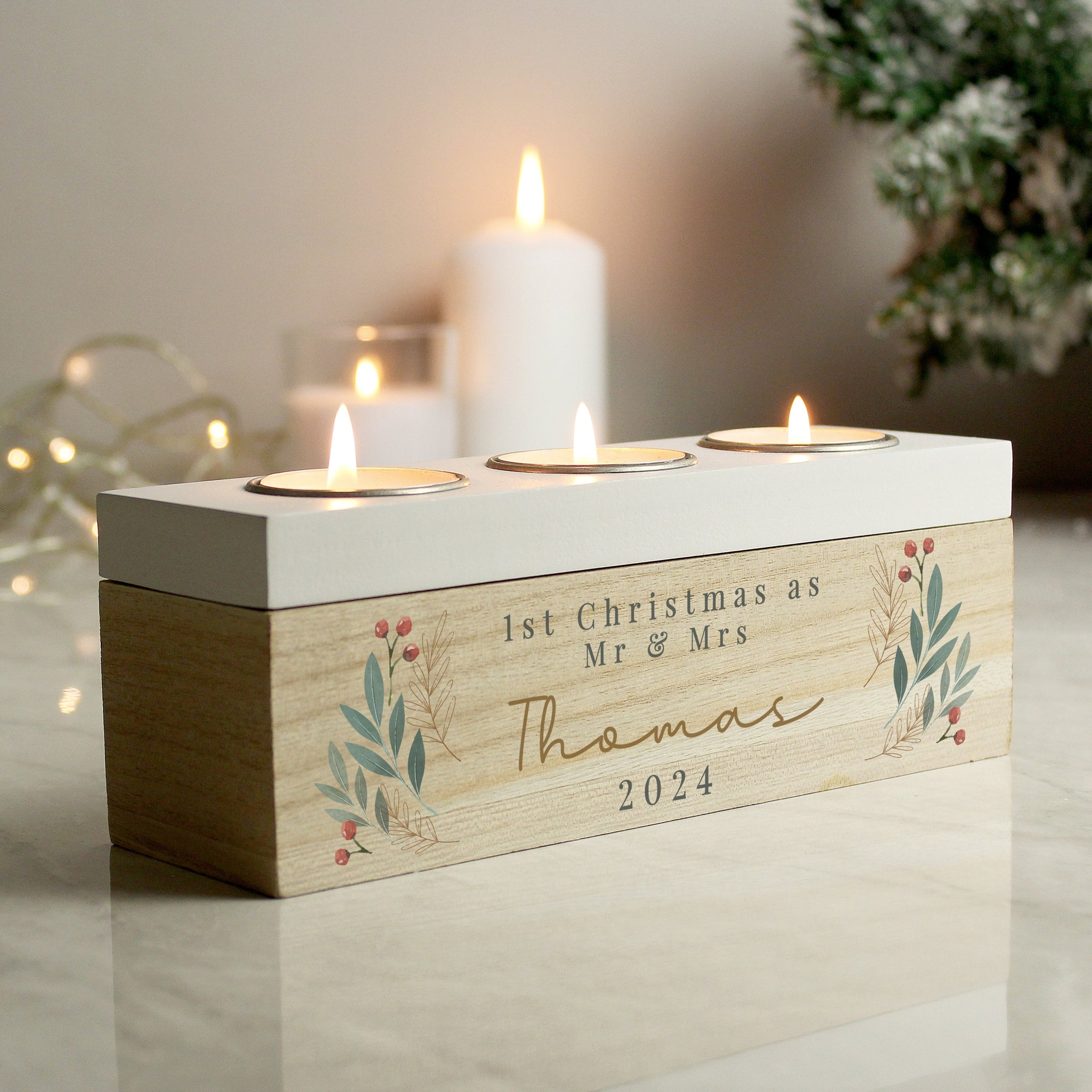 Personalised Christmas Foliage Triple Tea Light Box: 3 - Candle Holders By Gift Moments