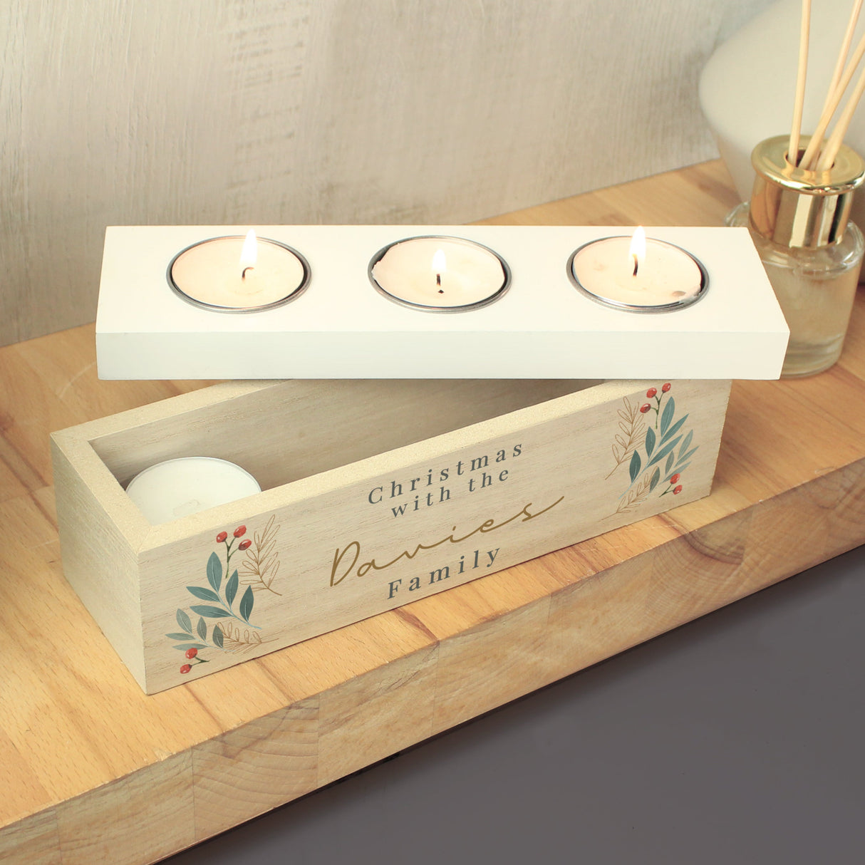 Personalised Christmas Foliage Triple Tea Light Box: 1 - Candle Holders By Gift Moments