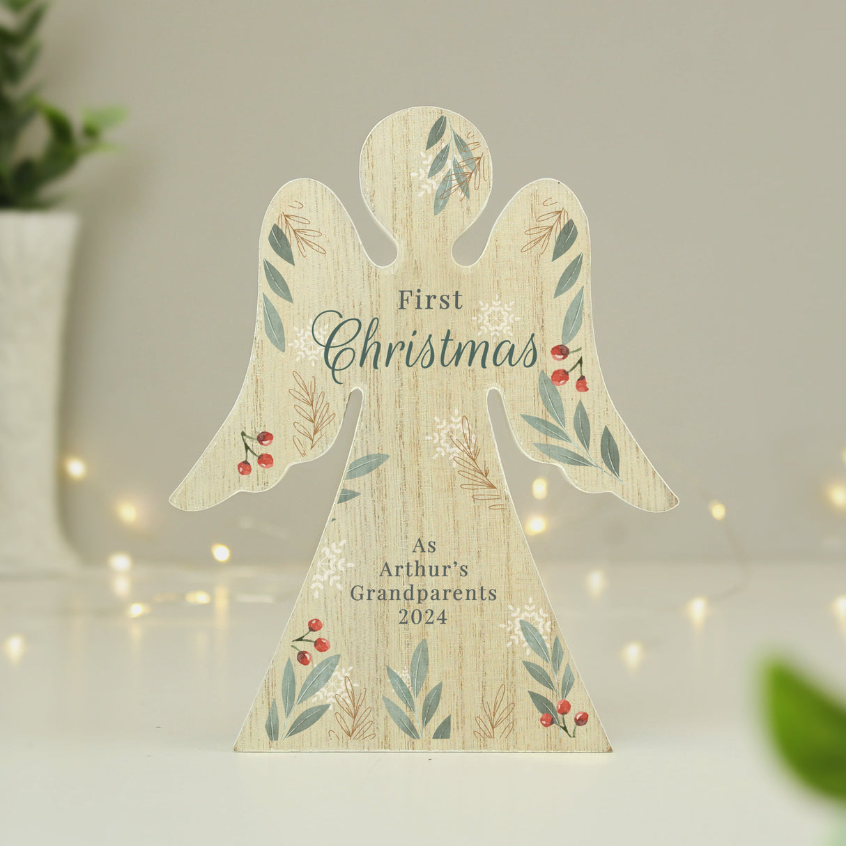 Personalised Christmas Foliage Wooden Angel Ornament: 2 - Ornaments By Gift Moments